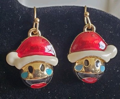 .75 Inch Gold Tone Santa Face Crying Laughing Eyes Pierced Dangling Earrings