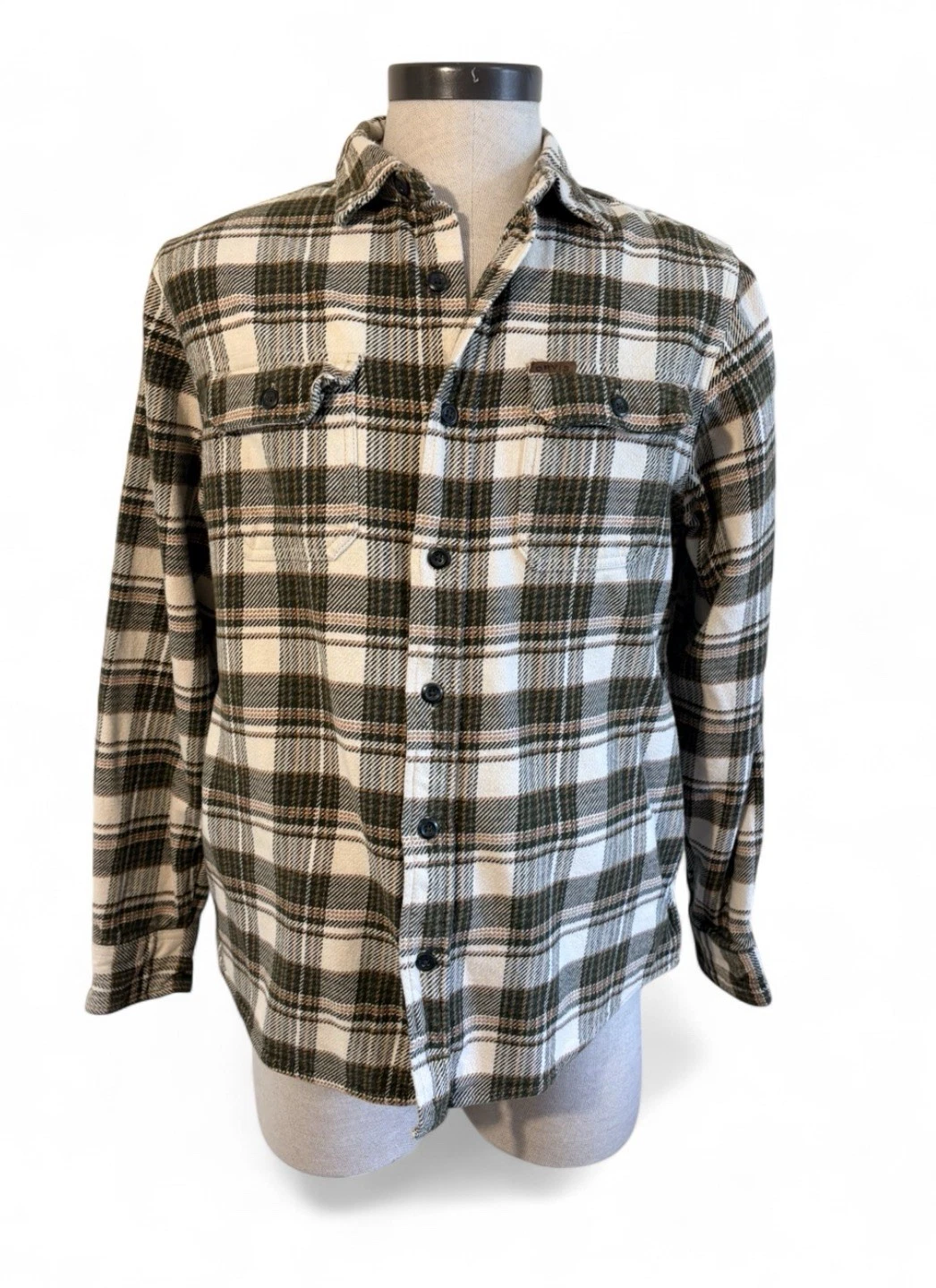 Orvis Flannel Plaid Shirt Beige Brown Button-Up Long Sleeve M