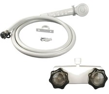 White Shower Faucet with Smoke Handles and Hand Held Shower Combo for RV