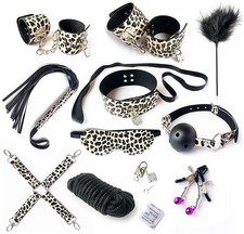 Premium 10-Pc Leopard BDSM Bondage Kit Restraints Cosplay Roleplay Adult Set
