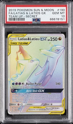2019 POKEMON SUN & MOON TEAM UP SECRET #190 FULL ART/LATIAS & LATIOS GX PSA 10