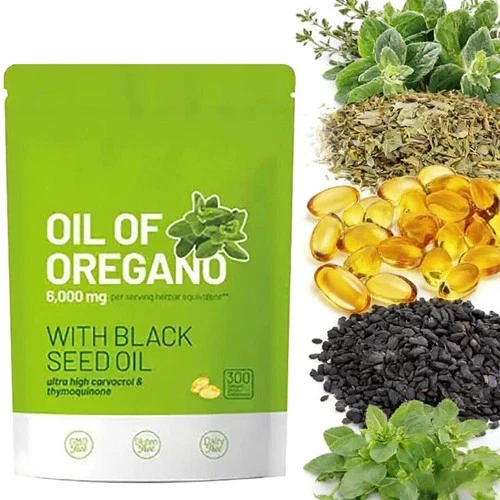 Green Oil of Oregano bottle with black seed oil label, white text “6000mg,” and olive branch design.