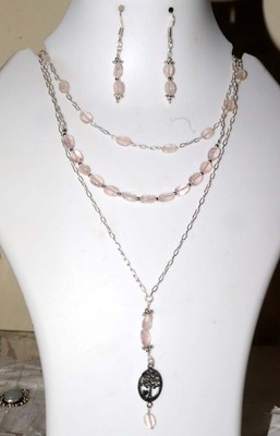 925 Silver Plated Tree Of Life Beaded Rose Quartz Necklace Earrings Set 16|2'' GW