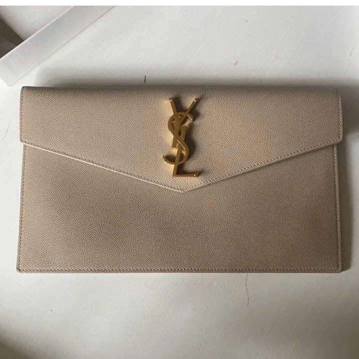 Saint Laurent YSL Pouch Medium Clutch beige genarbtes Leder Gold-Logo Box - Bild 1 von 4