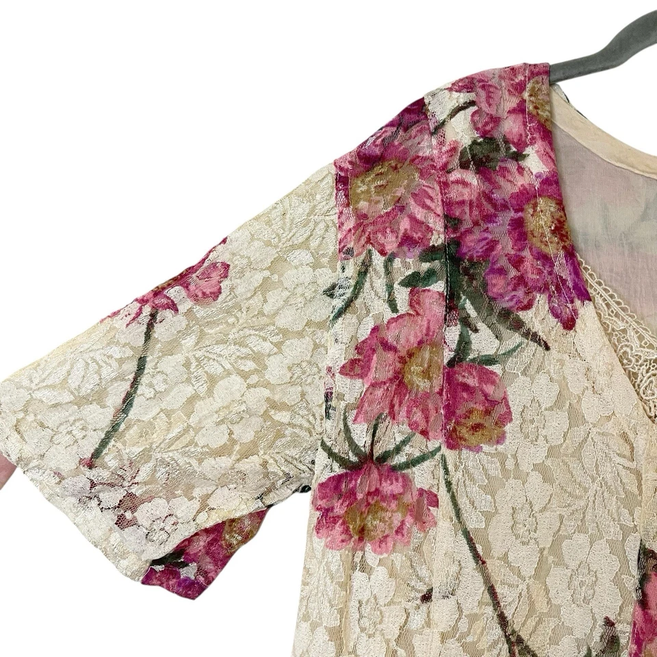 Vtg Starina Dress Ivory Pink Floral Cottagecore Tie Back Fit Flare Midi Fairy L - Image 4 of 4