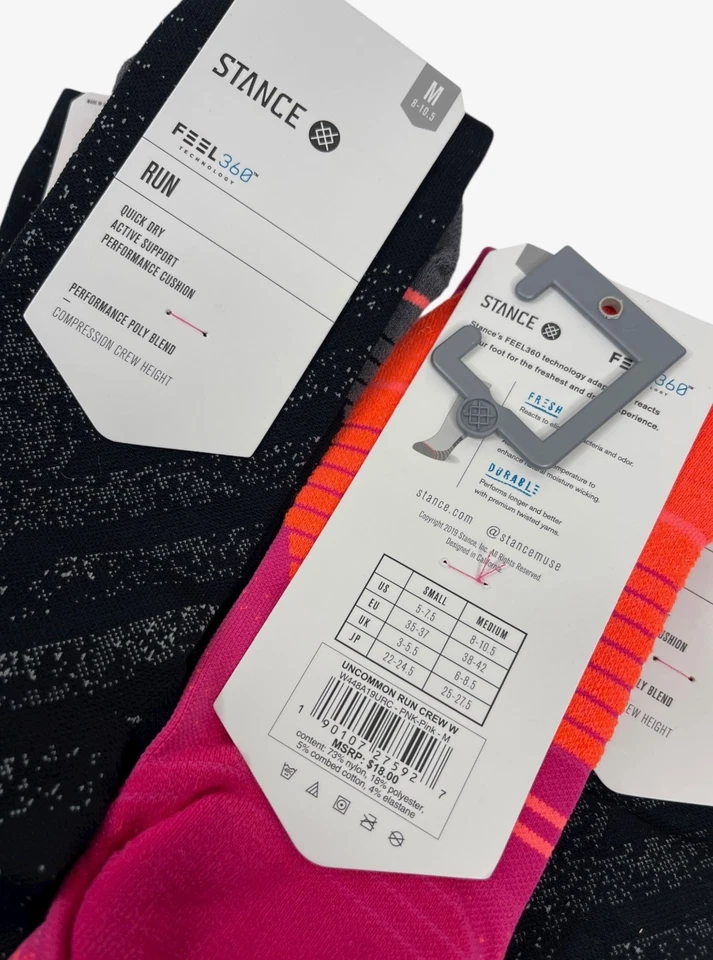 Calcetines para mujer 5 Stance negros y rosas Feel 360 Run Crew - talla M 8-10,5 - precio de venta sugerido por el fabricante 90 USD Foto 4 de 4