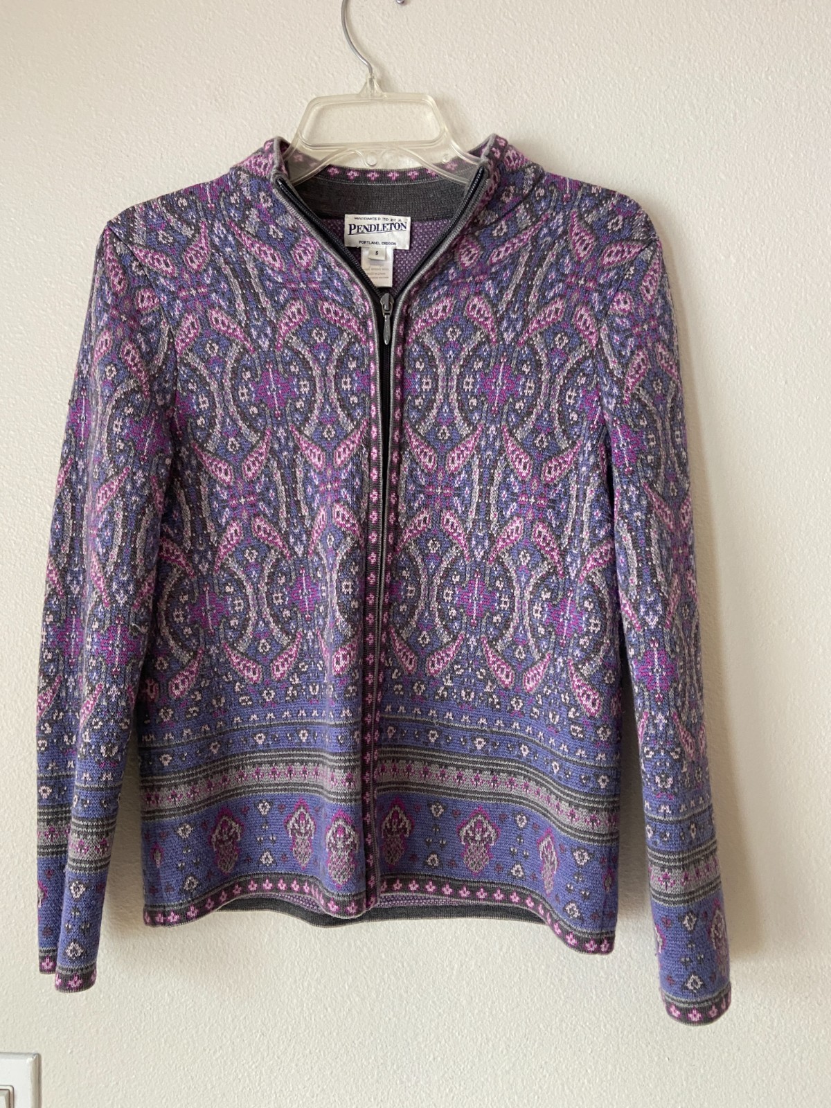 Pendleton Cardigan Purple Patterned Knit Merino W… - image 1