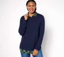 Denim & Co. Heavenly Jersey Solid/Plaid Long Sleeve 2fer Top Navy XL New
