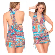 NWT S LULI FAMA Wild & Free Sexy Tribal Swimwear Cover Up Festival Mini dress