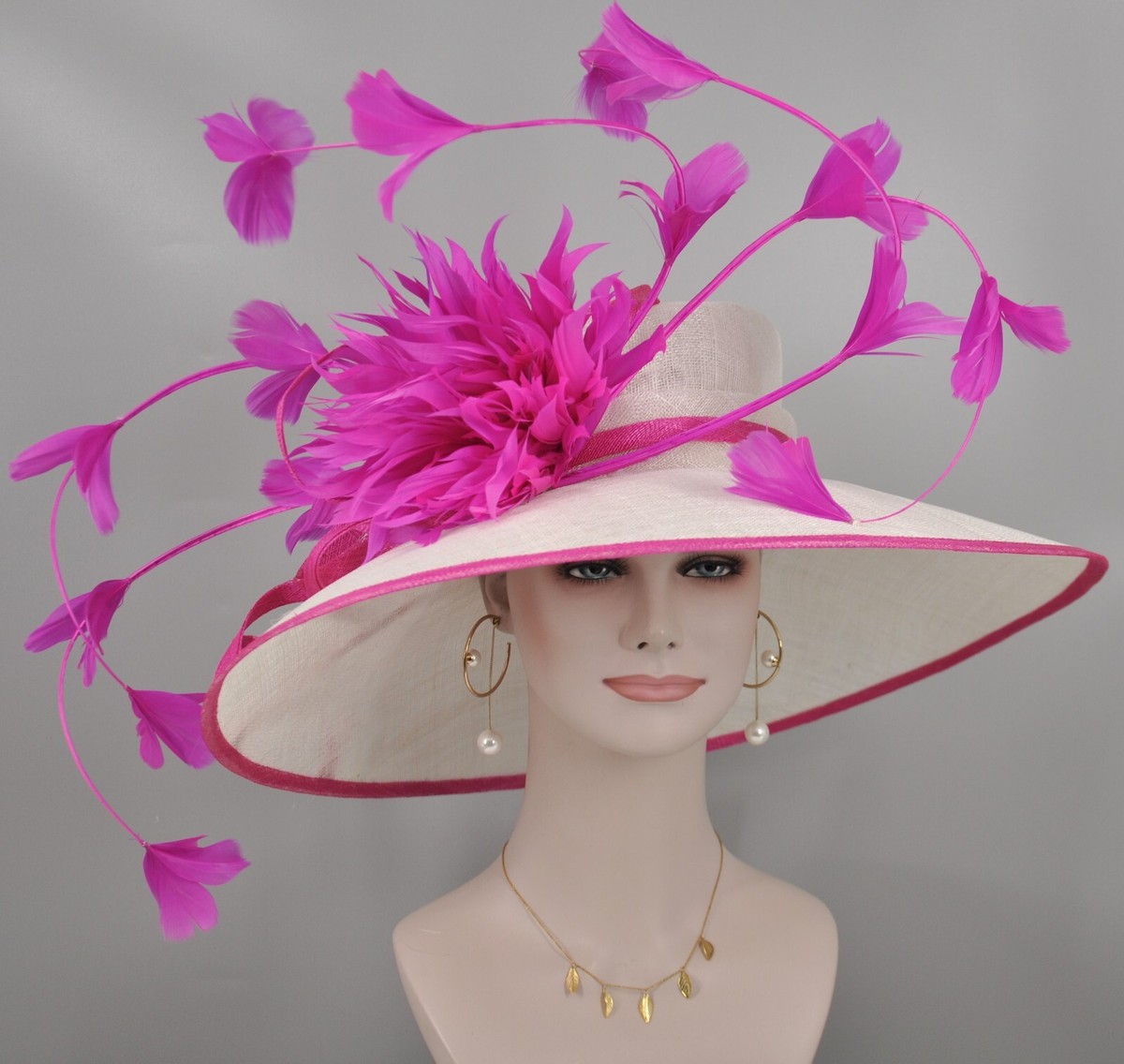 White w Hot Pink Church Kentucky Derby Party Wedding Tea Wide Brim