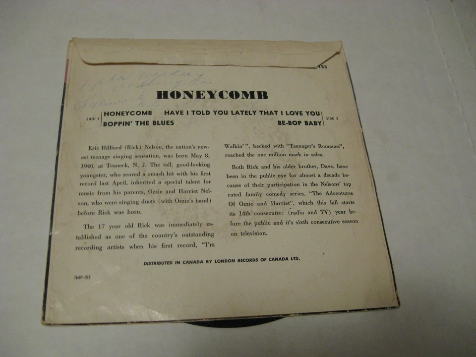 **Ricky Nelson/ Honeycomb EP/ Imperial/ 1957/ Canada/ Picture Sleeve - Image 2 of 4