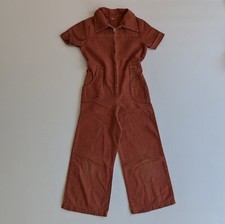 Vintage Girls Linen Jumpsuit - 1970's Kids Brick Colored Front Zip Jumper