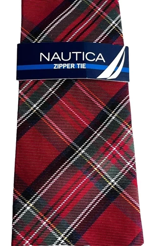 NAUTICA Boys Zipper Red and Green Plaid 100% Silk Necktie New With Tags 14x2.75"
