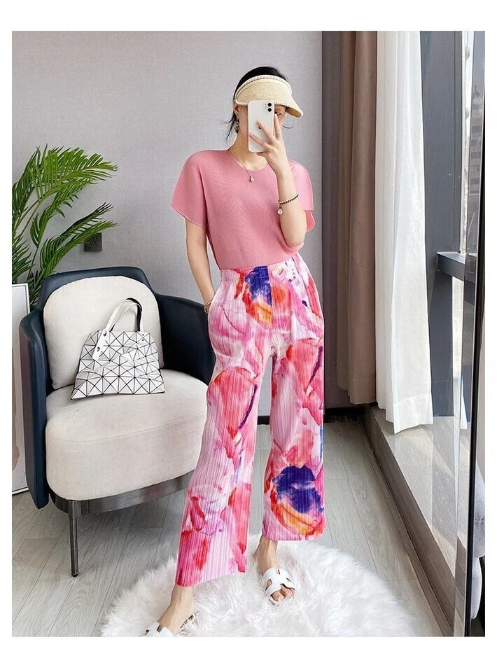 Pleats Please Issey Miyake Style Pleated Graffit Print Wide Legged Trousers