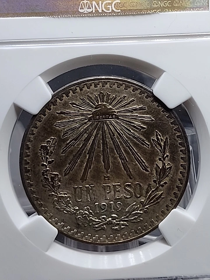 MEXICO - Un Peso - 1919 -KEY DATE Silver Coin! NGC AU 53 DARK TONED Original - Image 2 of 3