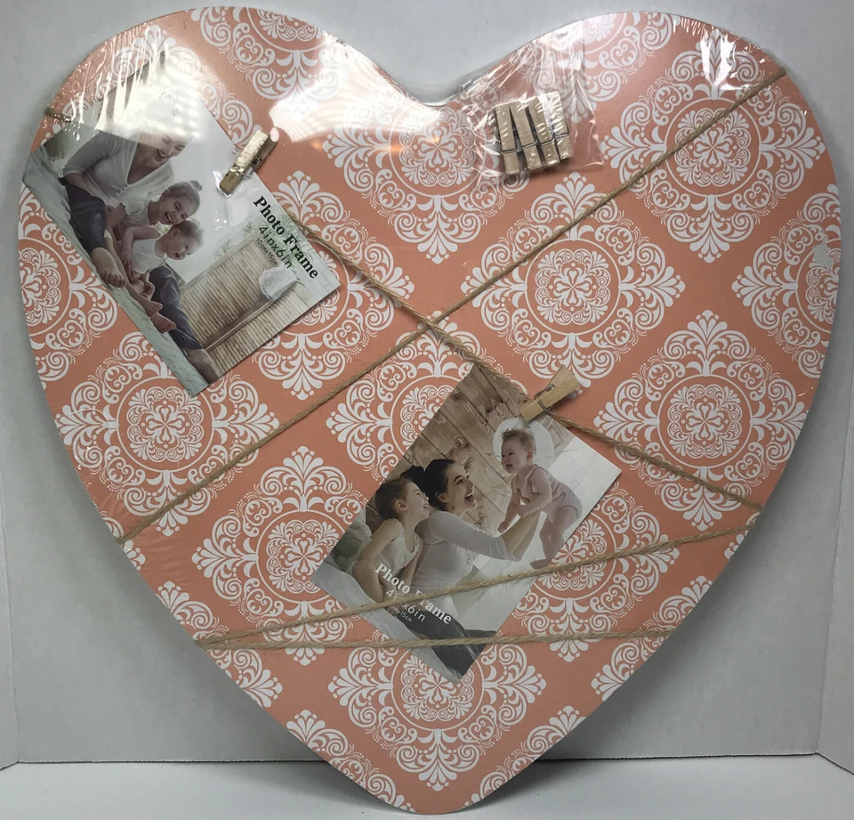 French Bulletin Board 18”Photo Memo Board Coral Heart Wood Burlap Clothespin NWT - Image 2 of 4