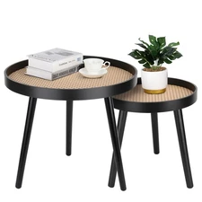 Rattan Round Side Table, Black Small End Table, Accent Table, Modern Boho Bed...