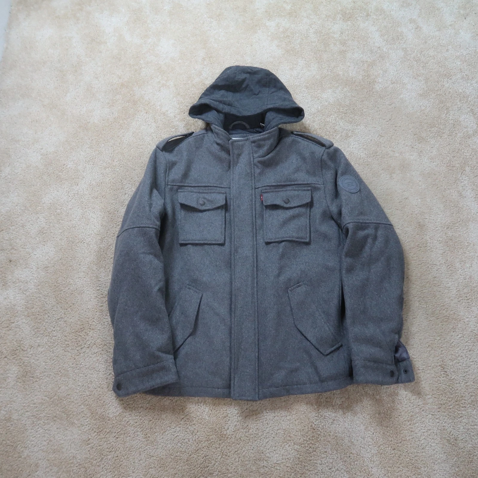 Levi's Full Zip pea coat Men's Large Gray hooded Jacket insualted