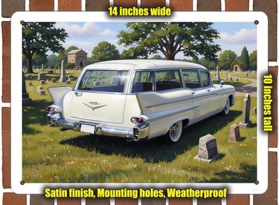 Metal Sign - 1958 Cadillac Miller Meteor Hearse Oil Painting - 14x10