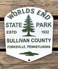 VINTAGE 10x9" WORLDS END STATE PARK SULLIVAN PORCELAIN GAS OIL PUMP STATION SIGN