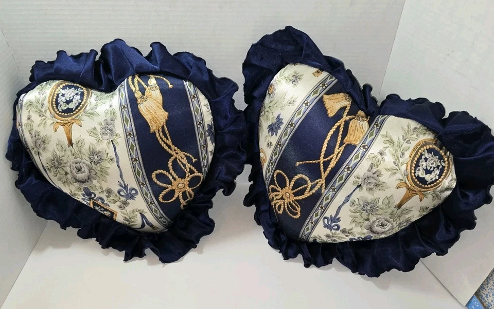 2 Heart Shape Throw Pillows Navy Blue Satin Silk Ruffle Trim Baroque Regal Style - Image 4 of 4