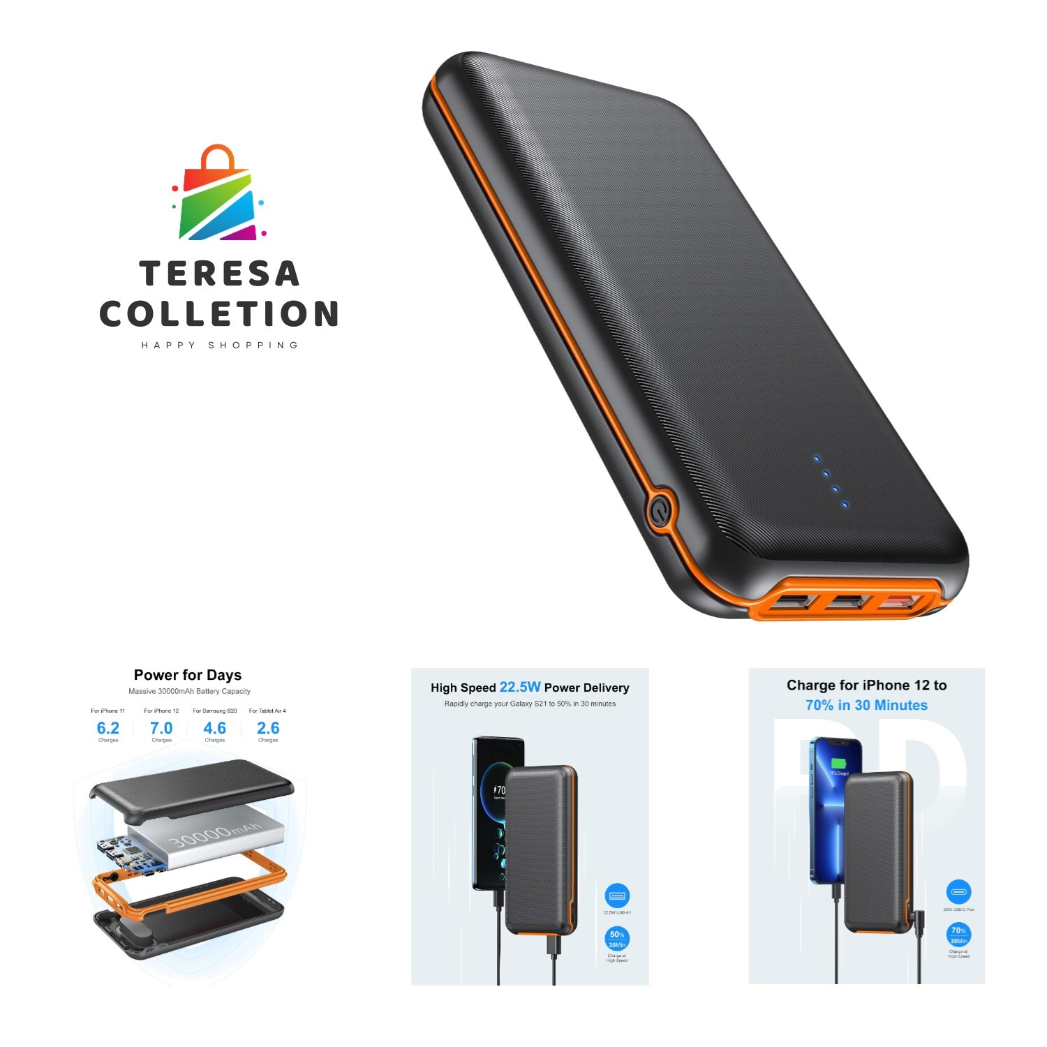 30000mAh Power Bank with 22.5W Fast Charging - Ultra-Portable Battery Pack for Phones & Devices-image