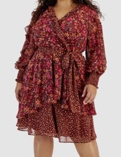Tahari Asl Women's Red Mixed-Print Faux-Wrap Ruffled Dress Plus Size 20W