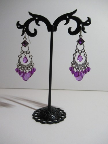1928 New Chandelier Crescent Earrings, Purple Pink Silver Tone Dangle Dangly NWT - Picture 2 of 8