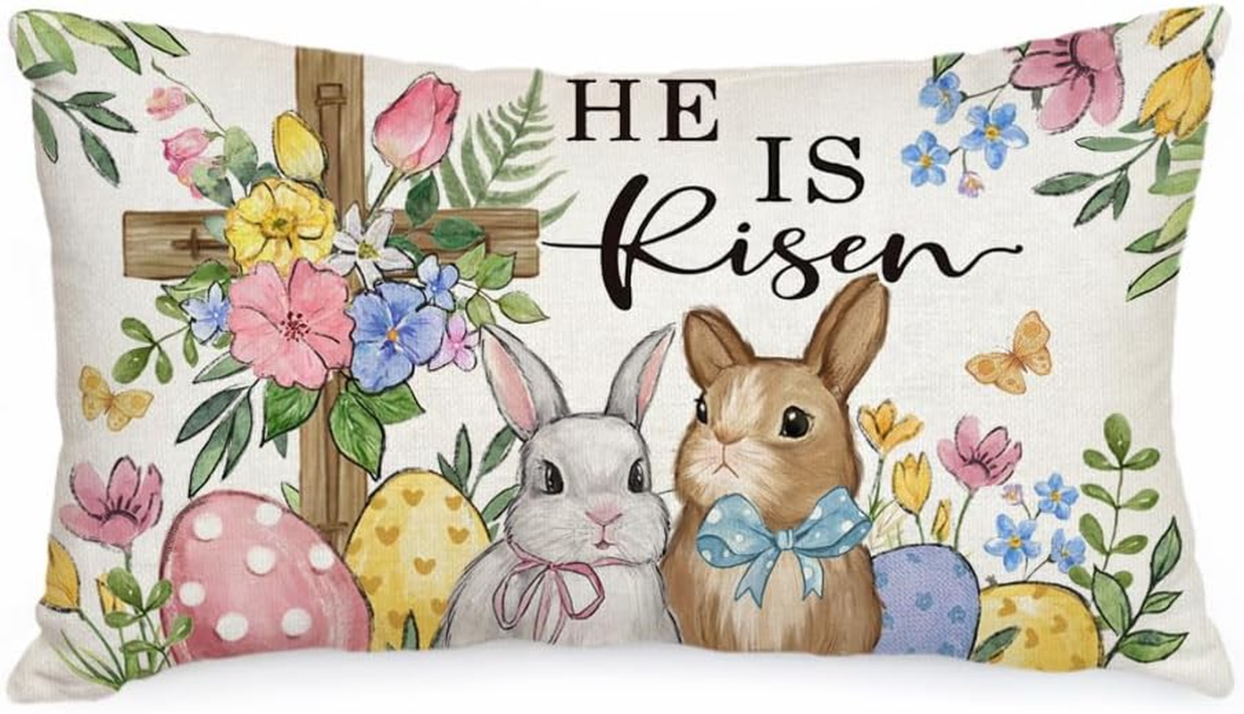 Easter Pillow Cover 12x20 Inch Cross Bunny Eggs Floral Decor Pillowcase Home