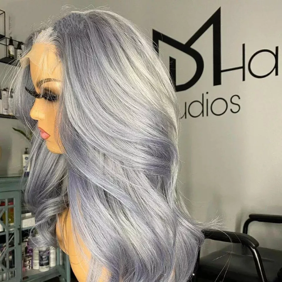 Silver Grey Lace Front Wigs Body Wave Wig Dark Gray Long Wavy Synthetic Hair US