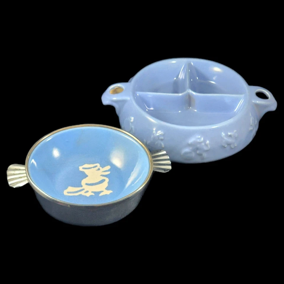Juego de 2 platos de calentamiento para bebés vintage años 50 MCM niño azul claro patos cuencos divididos Foto 2 de 4
