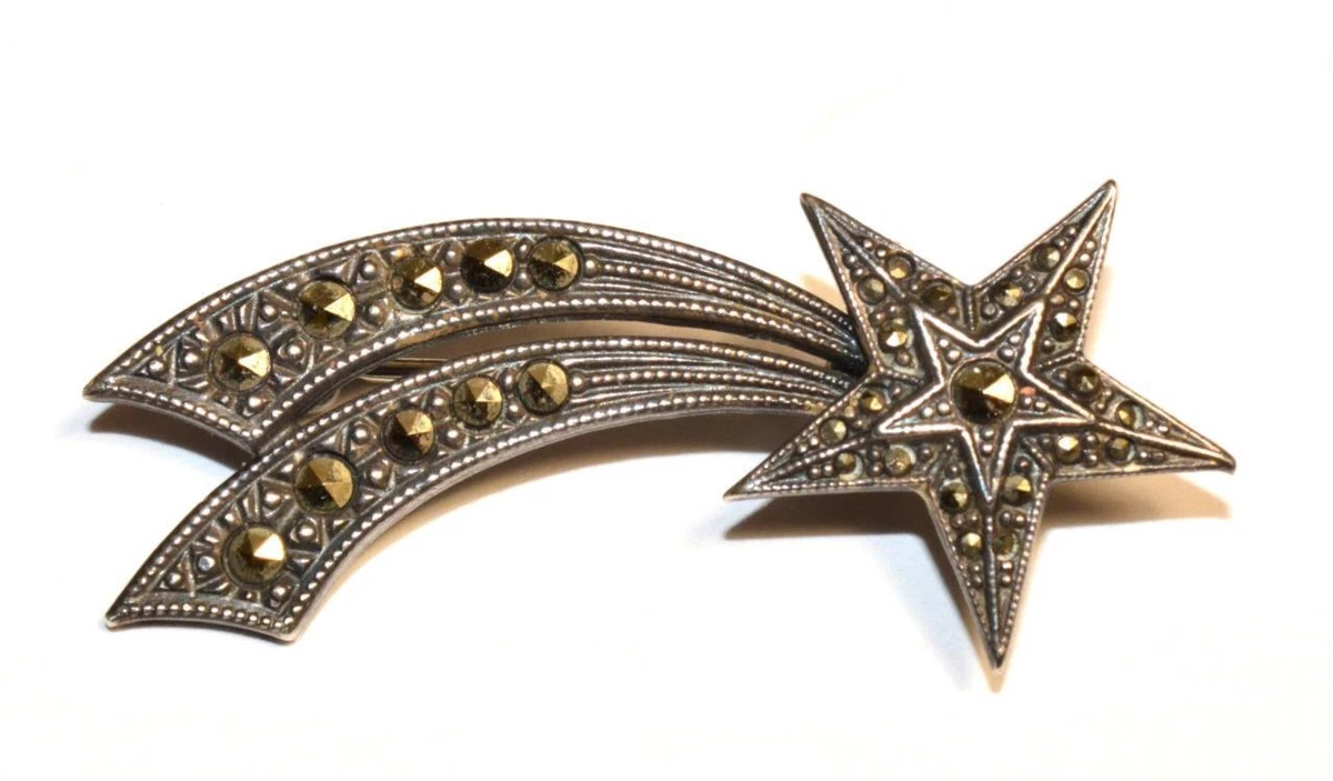 Vintage Stamped STERLING Silver Marcasite SHOOTING STAR Shape Pin Brooch