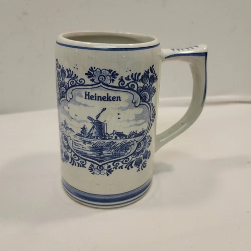 Vintage Heineken DelftBlue Holland Porcelain Beer Stein Mug Windmill Sailboat