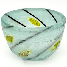 Murano Cenedese Vetri Heavy Blue Frosted Art Glass Bowl  W/ Yellow Leaves Signed