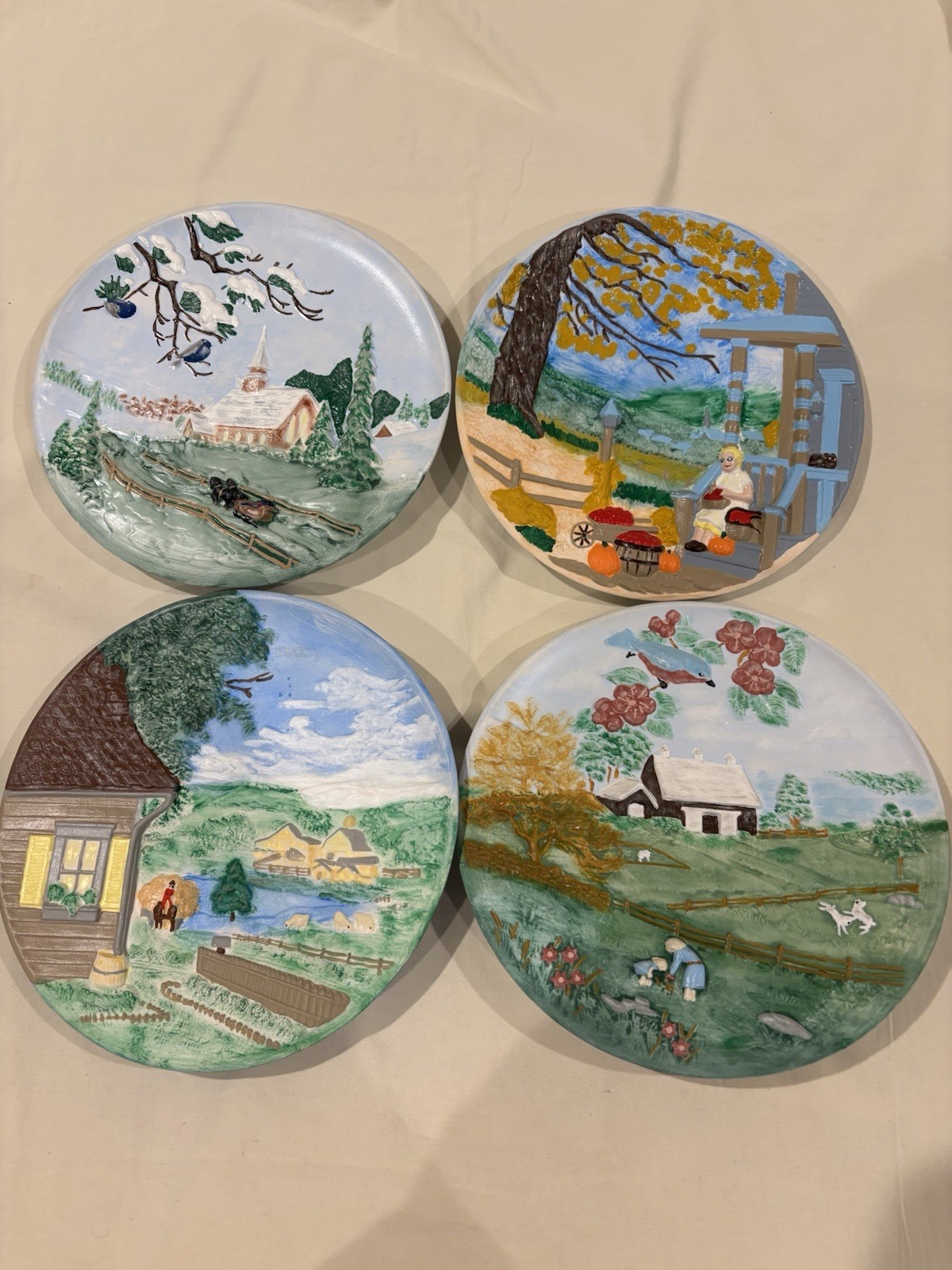 Vintage 4 Season Plates 1980 Byron Molds Hand Painted 3D Farmhouse Americana(4)