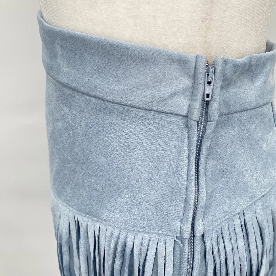 Falda Francesca's mi ami para mujer pequeña azul imitación gamuza flecos en capas mini occidental Foto 2 de 4