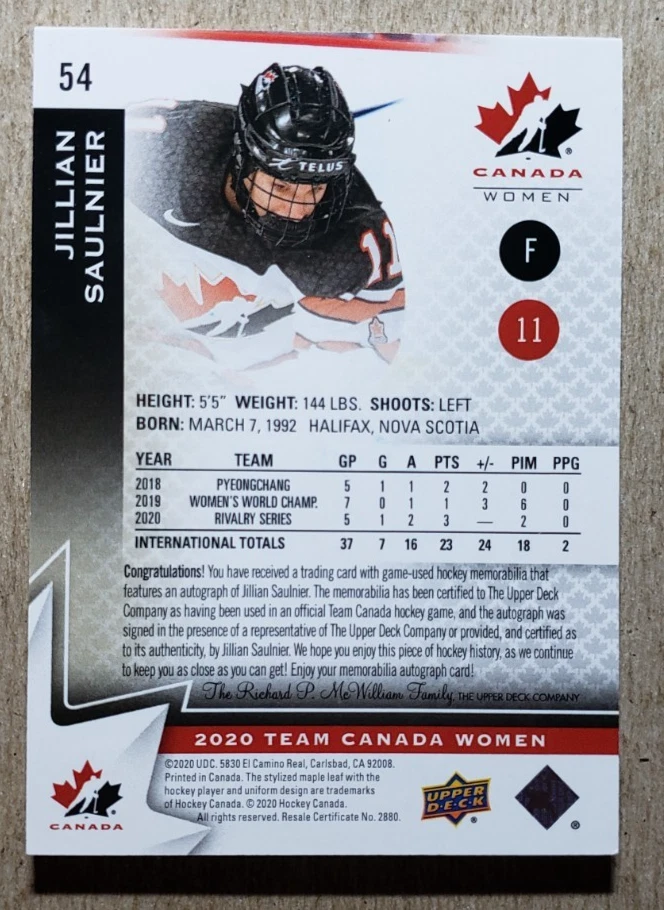 2020 Upper Deck Team Canada Women Jillian Saulnier Game Used Patch Auto /199 - Image 2 of 2