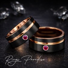 Black  Rose Gold Tungsten Wedding Band Set with Gemstone   10mm