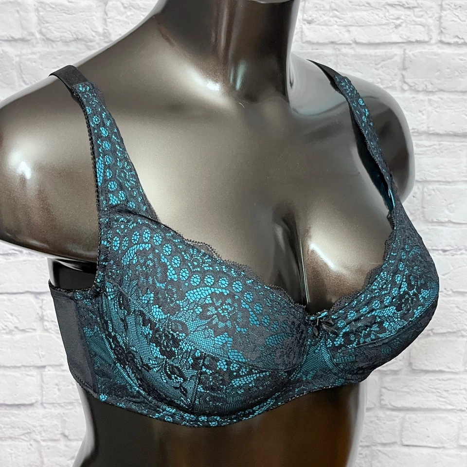 Fredericks of Hollywood 40DD Lace Balconette Underwire Bra Lightly Padded Teal - Image 3 of 4