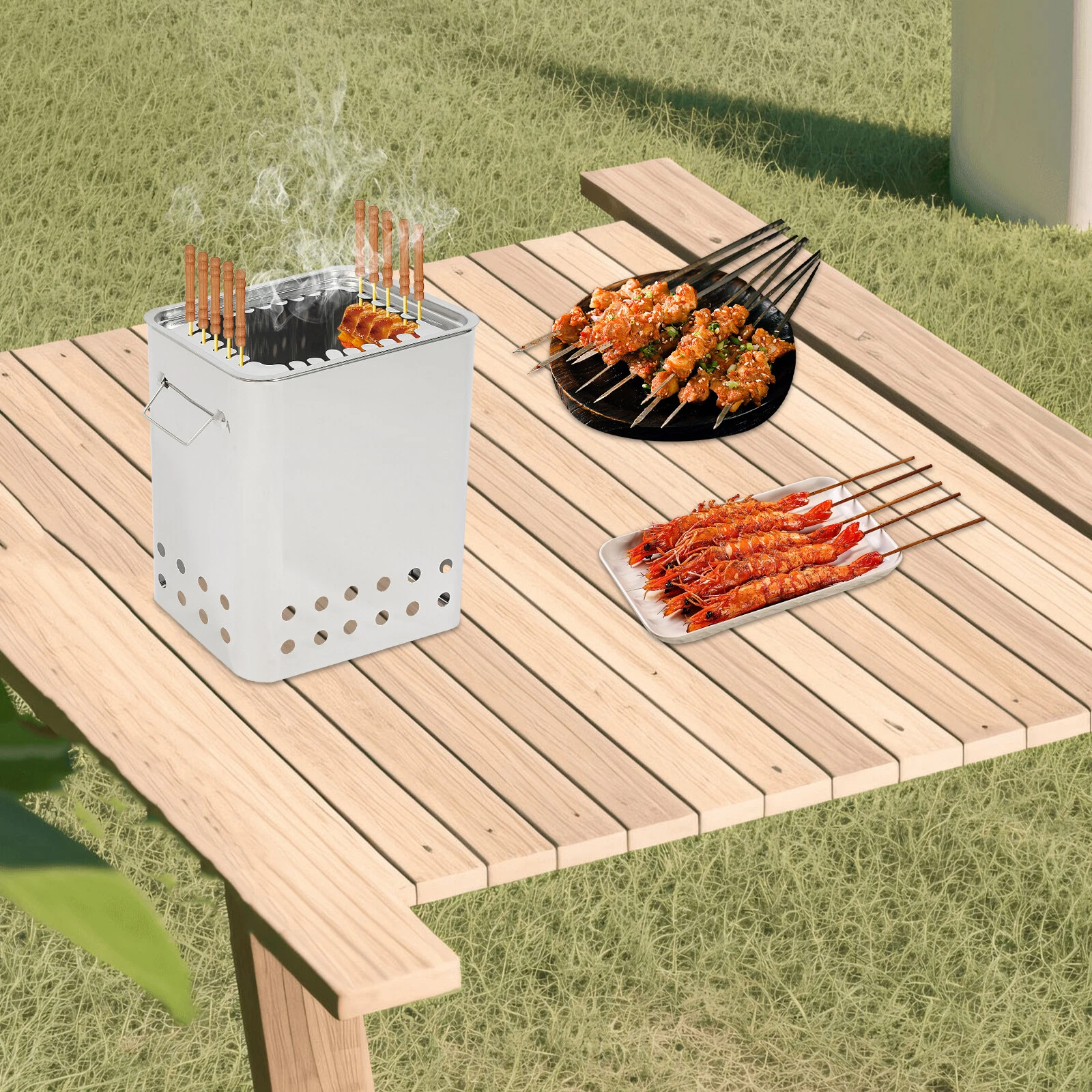 Portable Square Barbecue Hanging Grill Stainless Steel Barbecue Grill SilverUSUS