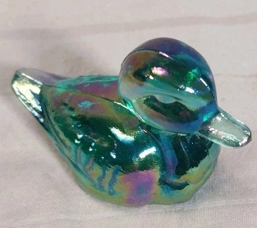 FENTON Carnival Glass Duck Iridescent Glass Green Blue Amethyst