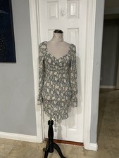 Ladies Junior Large Sage Green Floral Print Long-sleeve Mini Dress Ruched Bodice