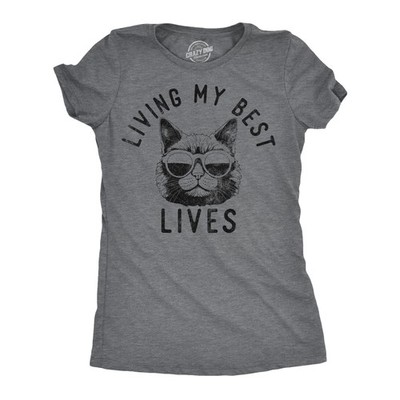 Womens Funny T Shirts Living My Best Lives Sarcastic Kitten Graphic Novelty Tee