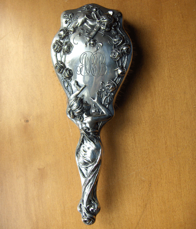 Art Nouveau sterling silver hairbrush~Woman~Cupid~Roses~made in USA~circa 1900