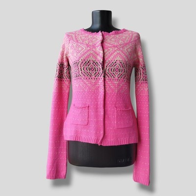 Odd Molly Cardigan Sweater Pink Nordic Jacquard Pockets Knit Wool Blend Size 2/M