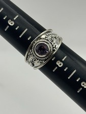 Size 7 1/4 Purple Amethyst 925 Sterling Silver Ring Round Stone With Designs