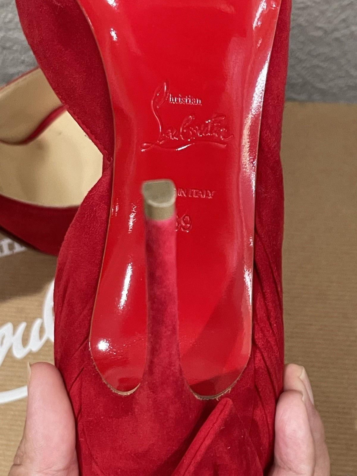 Cristian Louboutin Peep Toe Heels Red Suede Leather Women's Size 39 Barbara 100 image 9