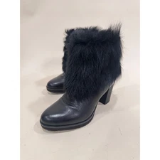 Johnston & Murphy Womens 7 Black Leather Fur Trim Heeled Ankle Boots Glam Chic