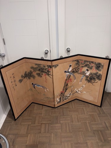 Vintage Asian Folding Screen, 4 Panels, Each Panel 18” Wide x36” Tall