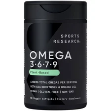 Vegan Omega 3-6-7-9 Supplement (90 Softgels) - Plant-Based, Heart & Skin Health